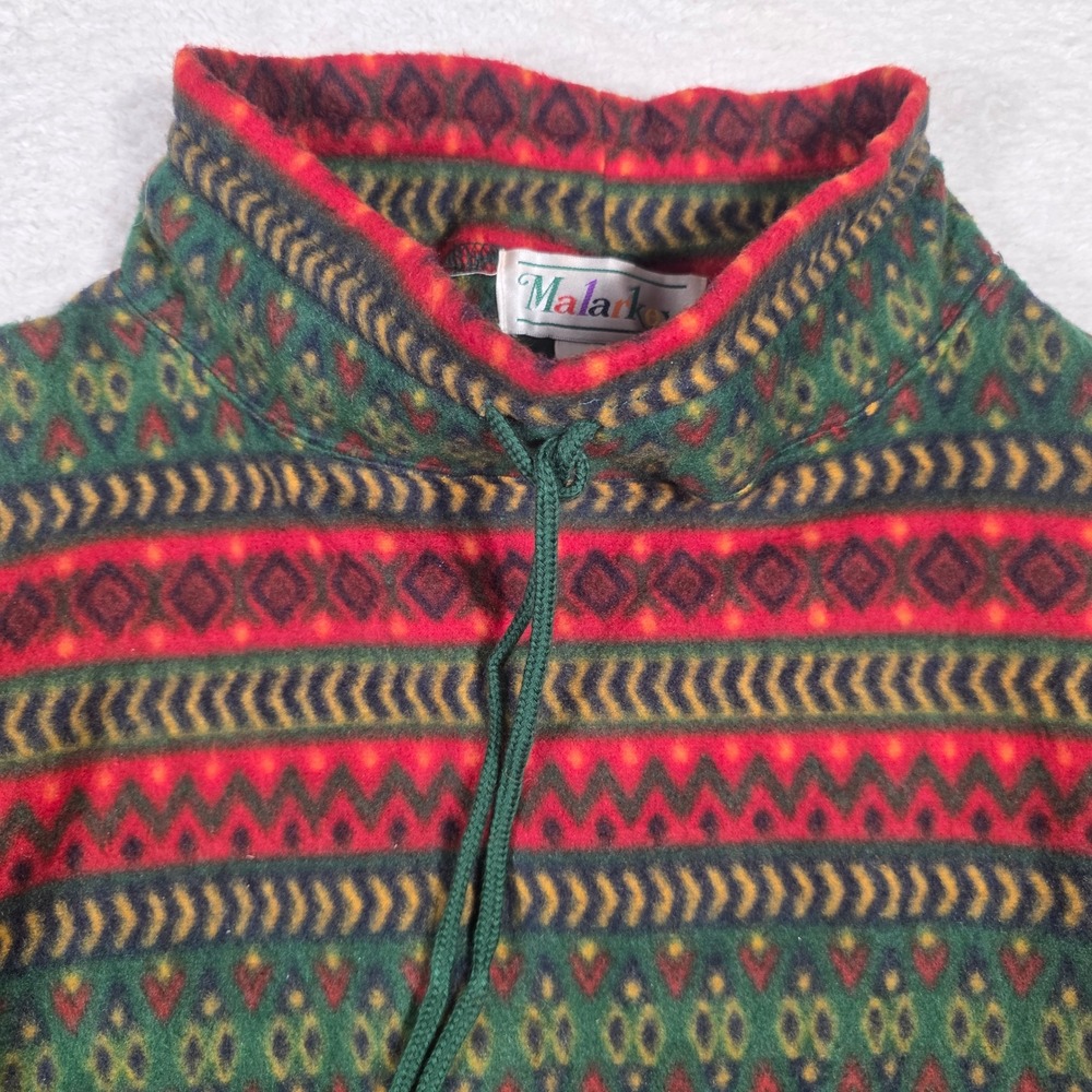 Vintage Malarkey Fleece Pullover Small Green Red Geometric Mock Neck Drawstring